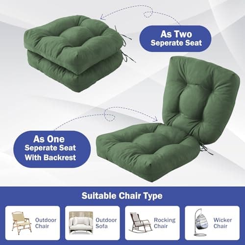 IPYNBAP Outdoor Chair Cushions Set of 2, Patio Chair Cushions with Ties, 19x19+5” Tufted Outdoor Seat Cushions, Waterproof Patio Furniture Cushions, Outdoor Dining Chair Pads, Forest Green