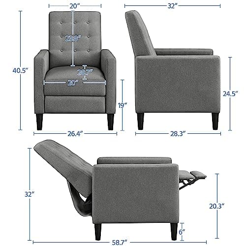 Yaheetech Fabric Recliner Chair with Adjustable Back & Footrest, Mid-Century Modern Accent Armchair Reading Chair, Tufted Upholstered Sofa with Pocket Spring for Living Room Bedroom Gray