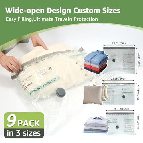 Vacuum Bags for Travel with Rechargeable air Pump, 9 Packs of 3 Sizes Vacuum Seal Bags for Clothing (9 Combo Set)