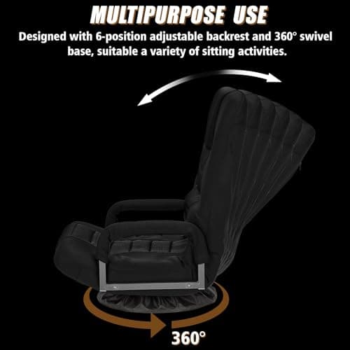 Swivel Gaming Chair Multipurpose Floor Gaming Chair for Playing Video Games, TV, Reading w/Armrest Lumbar Support & 6 Adjustable Postion Backrest for Adults, Black