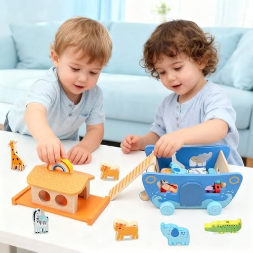 Wooden Noah's Ark Toy with Animal Shape Sorter,Baptism Gifts for 1 2 3 4 Years Old,Montessori Toys for Toddlers,Baptism Gifts for Boys and Girls,24 Months Babies