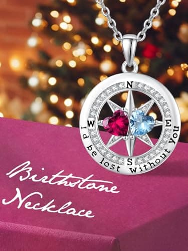 Exquisite Silver Double Birthstone Necklace Jewelry ‘I'd be Lost Without You’ Compass Birthstones Necklace Anniversary Birthday Gift for Wife Her B0GRGDWLWL