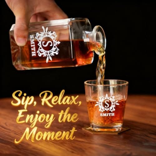 Personalized Whiskey Decanter Set for Men Home Bar Custom Liquor Decanters Wooden Box Whiskey Glasses Set Gifts for Husband Dad Men Cave Christmas Birthday Anniversary Valentine‘s Day