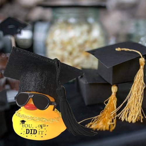 Car Dashboard Decor Graduation Hat Rubber Duck, Car Accessories Ornaments with Mini Graduation Cap, Necklace, Sunglasses for Graduates Students Grad Gift (Black) B0F26CJXTB