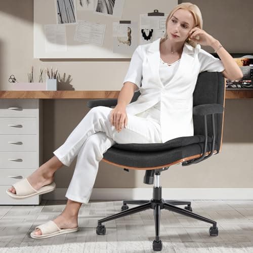 Home Office Desk Chair with Armrests & Wheels, Modern Walnut Swivel Rolling Executive Task Chair, Height Adjustable Ergonomic Computer Chair, Black Fabric