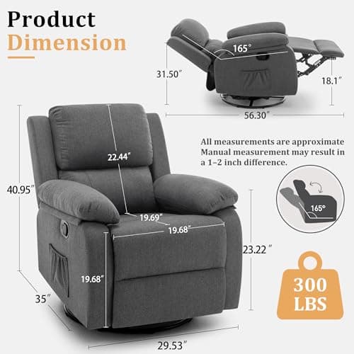 Korser Recliner Chair, 360 Swivel Rocker Chair for Adults, Small Rocking Recliner for Small Spaces, Upholstered Fabric Glider Recliner Nursery