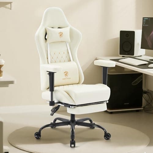 Gaming Chair,Computer Office Chair with Footrest,Massage Lumbar Support and Gel Pad,Ergonomic Reclining Leather Gamer Chair with Headrest,Adjustable Armrests and Spring Cushion Ivory