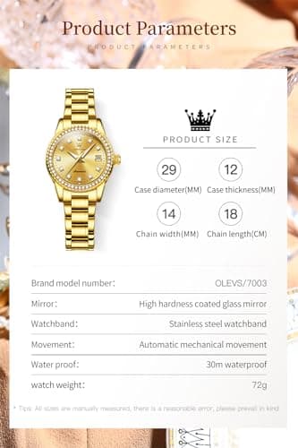 OLEVS Womens Diamond Watches Automatic Mechanical Gold Luxury Dress Ladies Self Winding Original Stainless Steel Wrist Watch