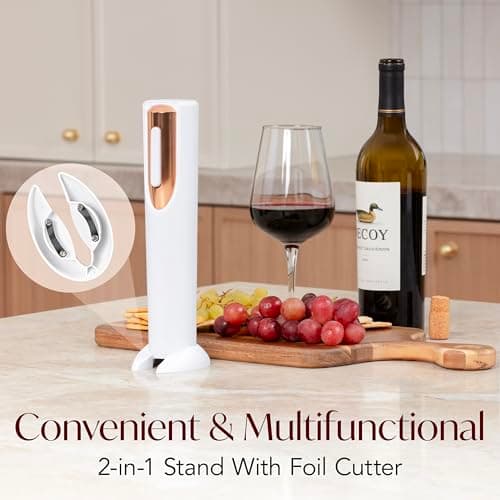 Electric Wine Opener Battery Operated with Stand and Built-in Foil Cutter - Automatic Wine Opener - Electric Corkscrew for Easy Cork Removal - Best Gift for Wine Lover (White & Rose Gold)