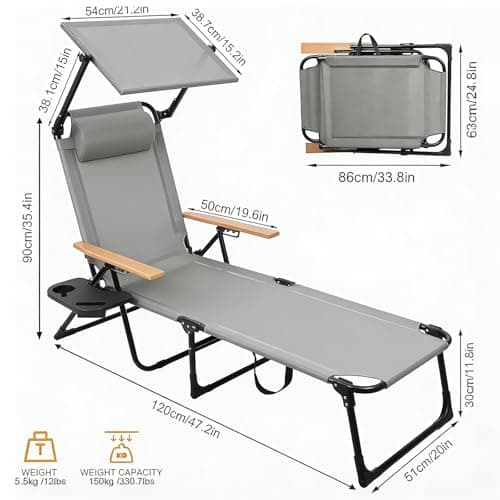 Folding Lounge Chair with Canopy, Tanning Chair with 4-Position Reclining Back, Folding Sun Lounger, Outdoor Lounge Chair for Beach, Poolside, Backyard, Camping, UPF 50+ Sun Shade, 300 LBS