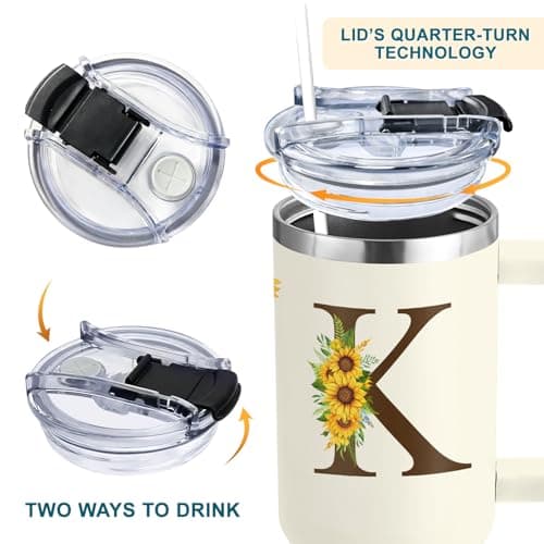 Personalized Birthday Gifts For Women - Sunflower Gifts For Women, Mom - Christmas Gifts For Womens, Mother's Day Gift For Mom, Boss - Monogrammed, Initial Tumbler Handle 40oz W Lids & Straws, K