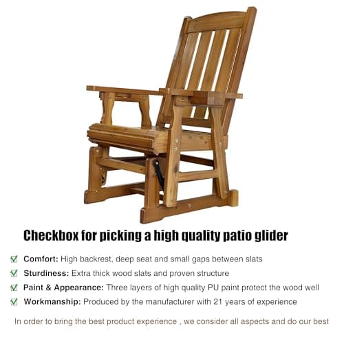 Fortune Candy Wooden Patio Glider for One Person, with High Back and Deep Contoured Seat, Solid Fir Wood, Heavy Duty 600 LBS (Cedar Tone, 1-Seater)