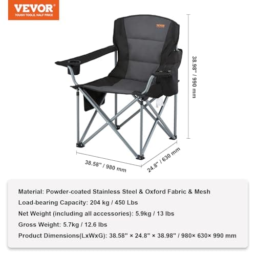 VEVOR Oversized Camping Folding Chair, Portable Heavy Duty Outdoor Quad Lumbar Back Padded with Side Pockets, Cup Holder and Cooler Bag for Beach, Lawn, Picnic, Fishing, Backpacking, Black