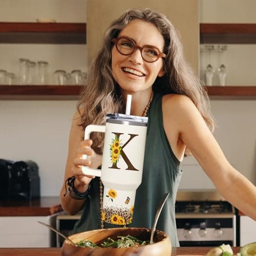 Personalized Birthday Gifts For Women - Sunflower Gifts For Women, Mom - Christmas Gifts For Womens, Mother's Day Gift For Mom, Boss - Monogrammed, Initial Tumbler Handle 40oz W Lids & Straws, K