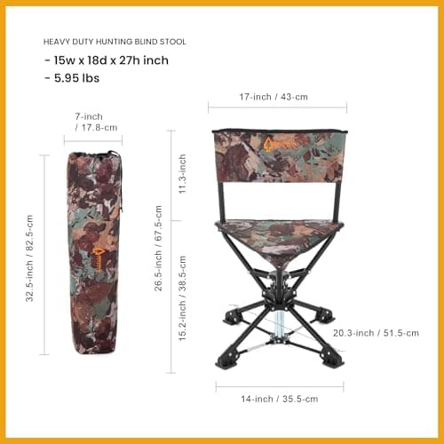ARROWHEAD OUTDOOR 360° Degree Swivel Hunting Chair Stool Seat, Perfect for Blinds, No Sink Feet, Supports up to 450lbs, Carrying Case, Steel Frame, Fishing, High-Grade 600D Canvas
