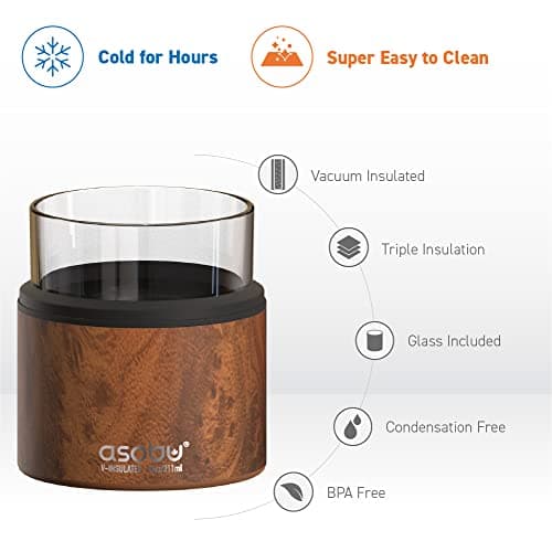 asobu Whiskey Sleeve Glass – Insulated Bourbon Tumbler with Premium Rocks Glass, BPA-Free, Double-Wall Stainless Steel, Keeps Drinks Cold Longer, 10.5oz