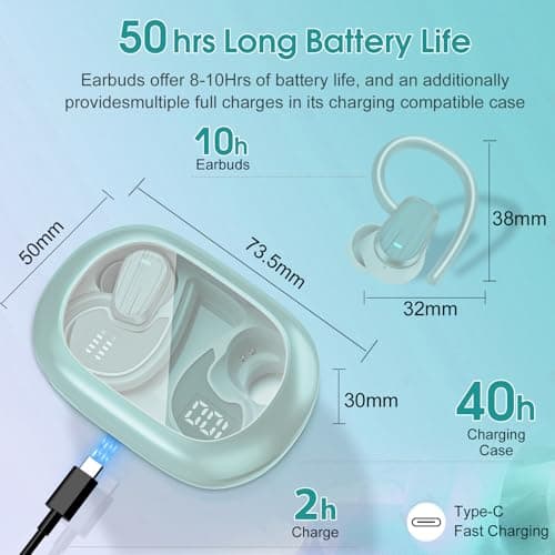 Wireless Earbuds, Headphones Sport Bluetooth 5.4, Over Ear Buds with ENC Noise Canceling Mic, Deep Bass Stereo Earphones with Hook, 50H, LED Display, IP7 Ear Buds for Workout Running, Light Green