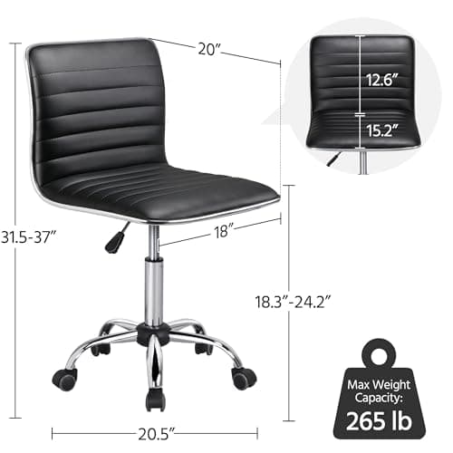 Yaheetech Adjustable Task Chair PU Leather Low Back Ribbed Armless Swivel Black Desk Chair Office Chair Wheels