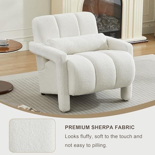 LOULENS Lambswool Accent Chair, Modern Upholstered Sherpa Accent Chair, Comfy Teddy Single Armchair with Pillow for Living Room, Bedroom (Beige, Backrest Under The Cushion)