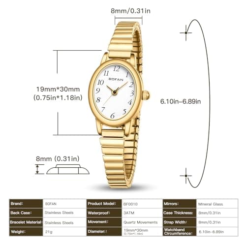 BOFAN Small Gold Watches for Women Easy Read Ladies Quartz Wrist Watch with Stainless Steel Expansion Band,Waterproof.