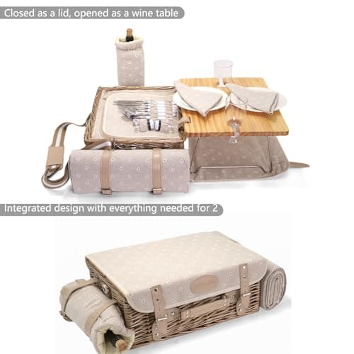 Multifunctional Wicker Picnic Basket Set for 2 with Blanket and Picnic Table, Insulated Picnic Set with Full Tablewares for Camping Outdoor Couples, Flowers B0D4Q11DMV