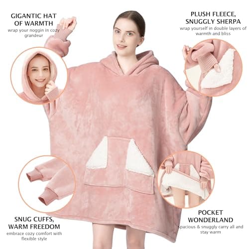 Touchat Wearable Blanket Hoodie, Oversized Sherpa Blanket Sweatshirt with Hood Pocket and Sleeves, Super Soft Warm Plush Hooded Blanket for Adult Women Men, One Size Fits All (Pink)