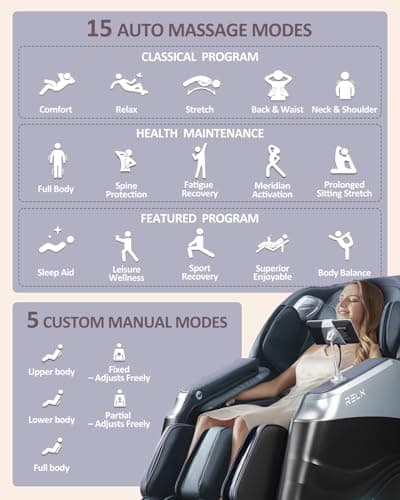 RELX Massage Chair Full Body, 20 Modes Zero Gravity SL-Track Shiatsu Massage Chair Built-in Heat System, Airbag Massage with Body Scan, Deep Yoga Stretch, Calfrest Extension and AI Control(Black)