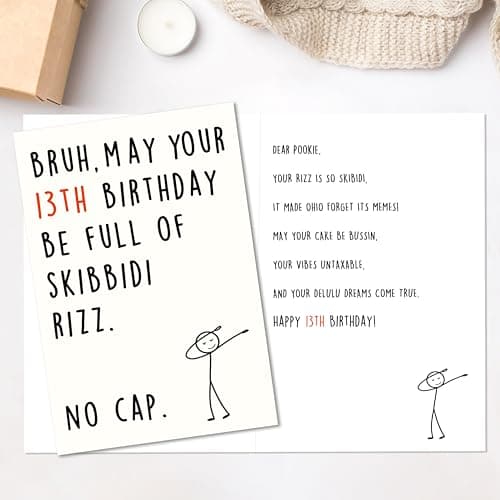 13 Year Old Birthday Gifts Decorations for Boy Girl Daughter Son Niece Nephew with Gen Z Slang Meme Design Funny 13th Birthday Card for Boys Girls B0FN7WD6RQ