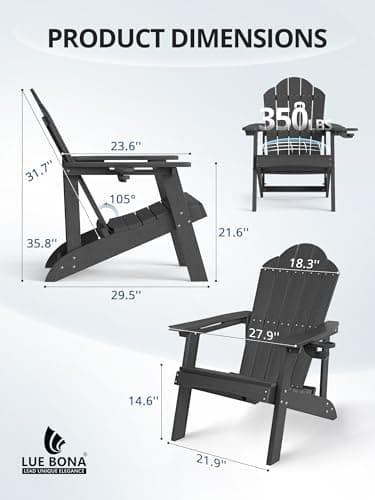LUE BONA HDPE Adirondack Chairs Set of 4 - Weather Resistant Seating with Cup Holder for Patio, Fire Pit, Deck & Resort Garden, Black