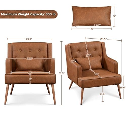 Yaheetech Accent Chair, Living Room Chair Mid Century PU Leather Armchair Lumbar Pillow, Comfy Upholstered Reading Chair Wood Leg Bedroom Lounge Brown