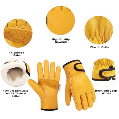 SLARMOR Mens Winter Leather Work Gloves, Warm Thinsulate Lining for Cold Weather Work, Thermal Insulated Work Gloves with Leather Palm,100 gram Insulation-L