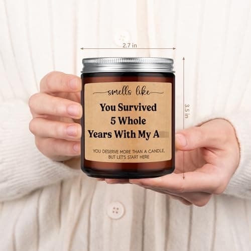 LEADO 5th Wedding Anniversary Candle - 5 Year Marriage Wood Themed Gifts for Husband Wife, 5 Year Anniversary Candle Gifts for Him Her - 5th Anniv. Funny Present for Couple, Women, Men, BF, GF
