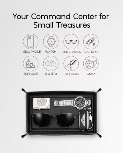 Travel Valet Tray for Keys, Wallet, Watch, Phone and Glasses, Nightstand Dresser Desk Entryway Organizer for Men and Women VLANDO Valet Tray for Men, Foldable PU Leather Catchall Tray, Black B0H5VHQ9Q9