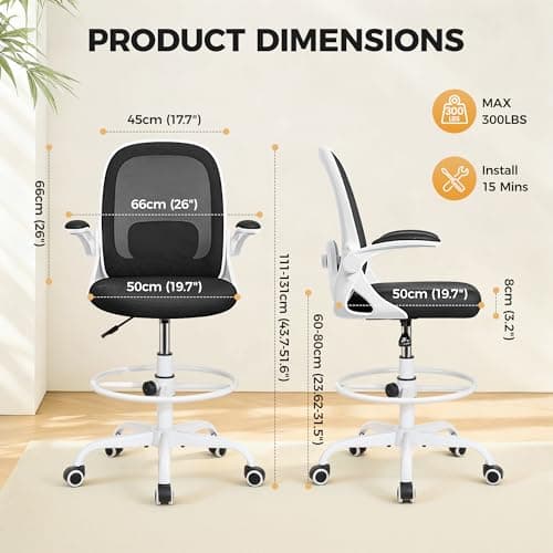 Primy Home Office Drafting Chair - Tall Desk Chair with Flip-up Armrests 3D Lumbar Support, Comfort Drafting Chair with Footrest for Standing Desk, High Chair for Bar Study Work
