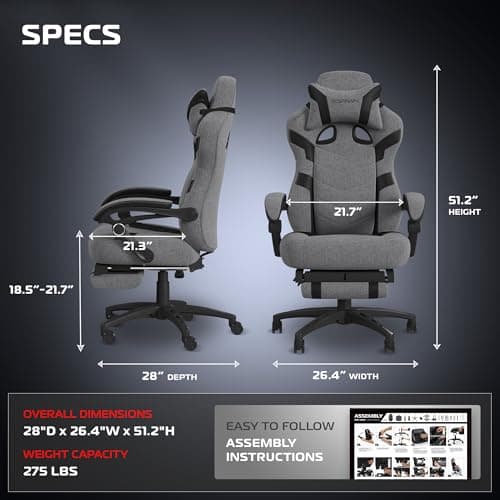 Respawn 110 Pro Ergonomic Gaming Chair with Footrest for Adults - Comfortable Office Gaming Recliner with Lumbar Support and Headrest, Racing Style Video Game Chairs for Computer Gamer - Gray Fabric