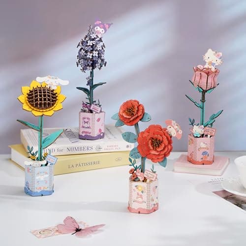 Hands Craft Hello Kitty and Friends Pink Rose 3D Wooden Puzzle Kit | DIY Flower Model | Arts & Crafts for Adults & Kids | Creative Hobby Kits | Hello Kitty Collectible | Wood Building Set