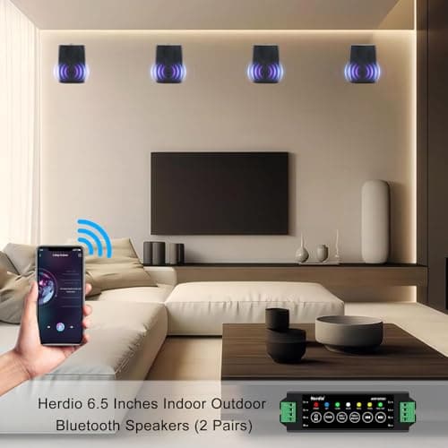 Herdio 6.5 Inch 800W Outdoor Bluetooth Speakers Wired Waterproof with Multifunctional Amplifier, Wall Mount Speaker for Patio Home Poolside Deck Backyard(2 Pairs,Black)