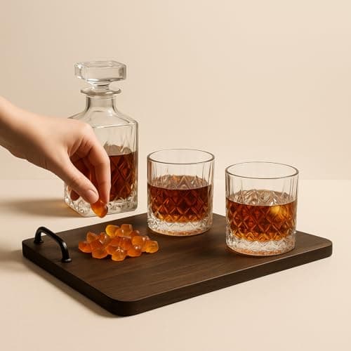 Bourbon Gummy Gift Set with 2 Whiskey Glasses – Bourbon-Flavored Candy Bears & Crystal Lowball Glasses – Father’s Day Gift for Whiskey & Scotch Lovers, Dad, Husband, or Him – Tasting Set