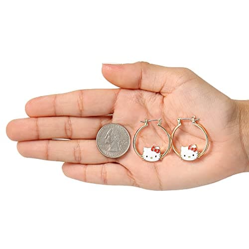 Hello Kitty Hoop Earrings for Women Official License, Gold Tone Flash-Plated and Enamel Sanrio Earrings