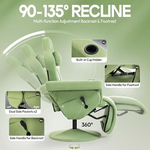 Dowinx Racing Style Gaming Recliner Chair with Massage Lumbar Support, Footrest, Cup Holder, Side Pouch, High Back Ergonomic Video Game Chair Reclining No Wheels Heavy Duty, Fabric Green
