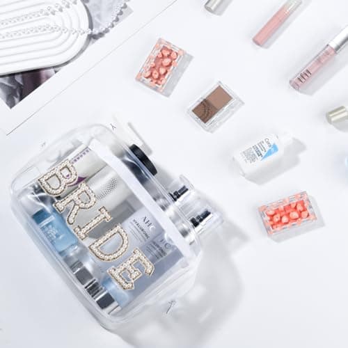 Etercycle Bride Clear Makeup Bag, Bridal Shower Gifts Engagement Cosmetic Bag, Bling Pearl Rhinestone Letter Patches Waterproof PVC Travel Organizer for Women Wedding Bachelorette Party (Gold)