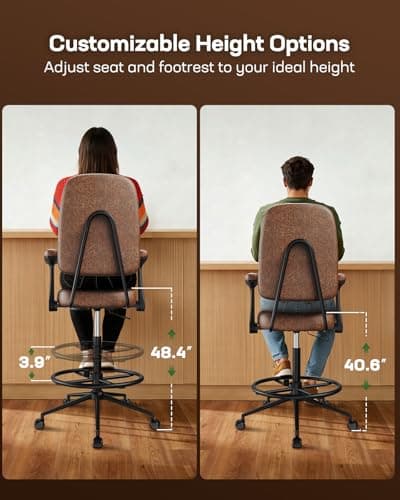 Marsail Drafting Chair with Flip-Up Armrests and Footrest, Ergonomic Tall Office Chair, Height Adjustable High Chair, Brown Leather Seat with Thick Cushion, 360° Swivel, for Standing Desk, Home Office