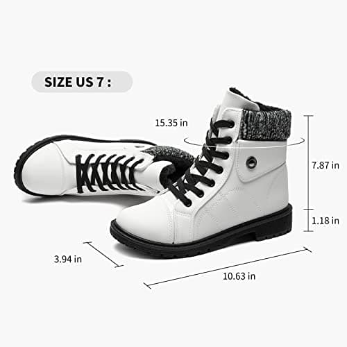 FRACORA Women's PU Leather Combat Boots Warm Fur Lined Black Ankle Booties Side Zipper White Boots Non-slip Winter Boots