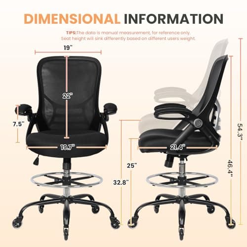 HYLONE Drafting Chair Adjustable, Tall Office Chair Lumbar Support Ergonomic Standing Desk Chair Heavy Duty Tall Drafting Stool for Artists with Footrest Home Office Drafting Stool