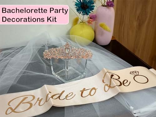 JETKONG 3 Pcs Bachelorette Party Decorations Bridal Shower Crown, Bride to Be Sash&Veil for Women Bachelorette Party Gifts, Bachelorette Party Supplies, Gifts, Favors (Rose Gold)