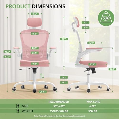 Office Chair Ergonomic Desk Chair, 330LBS Capacity, High Back Computer Design for Long Hours Comfort, Rolling Swivel Executive Task for Home Office with Flip-up Armrests, White Pink