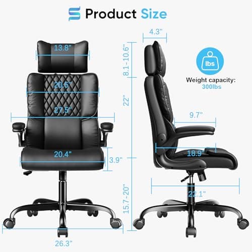 Sytas Ergonomic Office Chair with Adjustable Headrest, Executive Leather Desk Chair with Upgraded Lumbar Support for Lower Back Pain Relief, Thickened Backrest Computer Chair for Home Office, Black