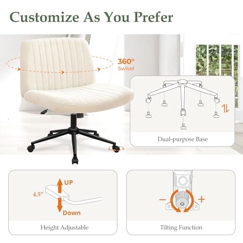 Orange Factory Criss Cross Chair Wheels Wide Cross Legged Office Desk Vanity Dual Base Comfy Fabric Armless Adjustable Swivel for Home Computer Task (Beige Dual Base, Fabric)