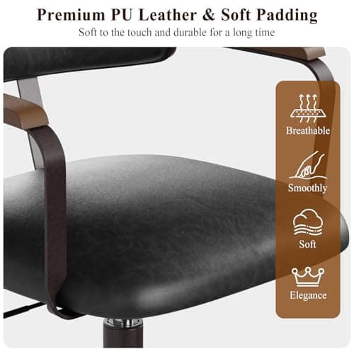 Mid-Century Modern Desk Chair with Walnut Bentwood Design,Retro Home Office Chair with Adjustable Height,360°Swivel,Smooth Rolling Casters,Small Computer Chair PU Leather (Black)