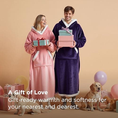 Bedsure Wearable Blanket Hoodie, Long Hooded Blanket Sweatshirt as Birthday Gifts for Women, Cozy Sherpa Hoodie for Adult, Standard, Grey